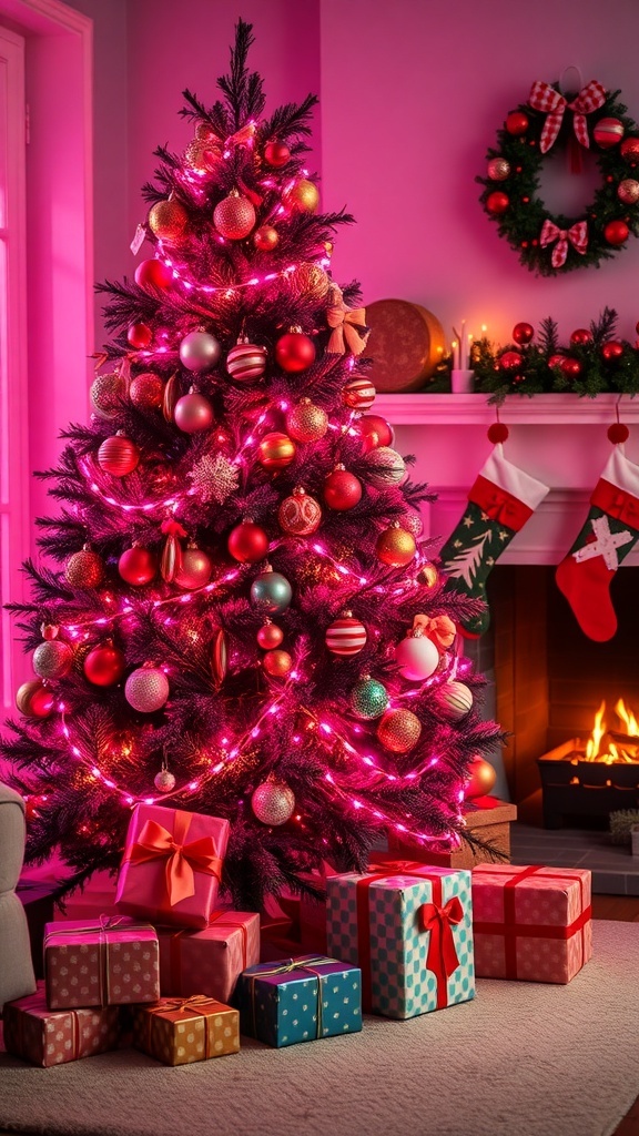 A Christmas tree with pink lights and ornaments in a cozy living room.